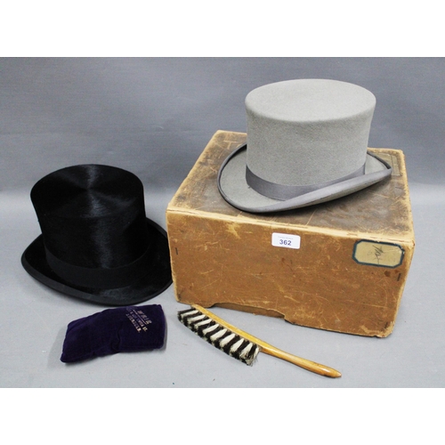 362 - Charles Weir black silk top hat and cream silk scarf, grey felt top hat, size 6 and five eights and ... 