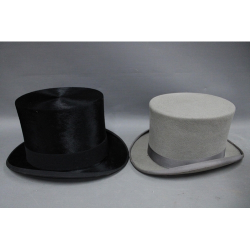 362 - Charles Weir black silk top hat and cream silk scarf, grey felt top hat, size 6 and five eights and ... 