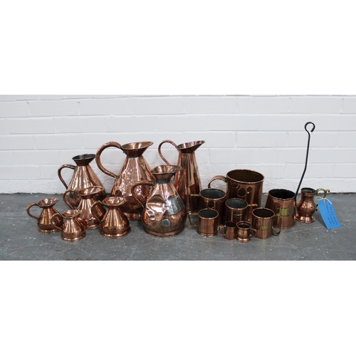 363 - Collection of 19th century and later copper wares to include harvest jugs, gill measures, cider meas... 