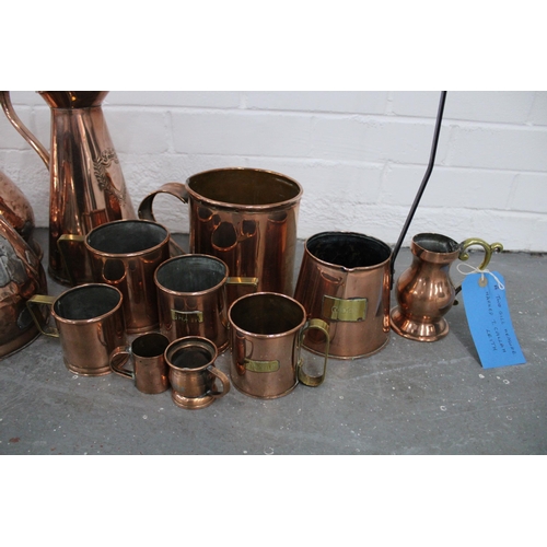 363 - Collection of 19th century and later copper wares to include harvest jugs, gill measures, cider meas... 