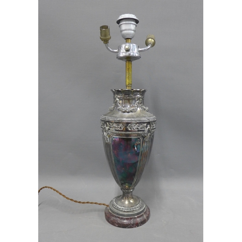 369 - Epns table lamp with classical motifs and garlands, twin light fitting, on a circular hardstone base... 