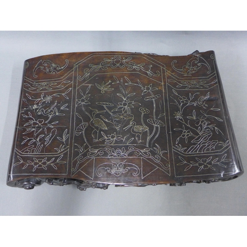 370 - Silver inlaid hardwood stand of scroll form, the top with lotus and cranes, 46 x 30cm