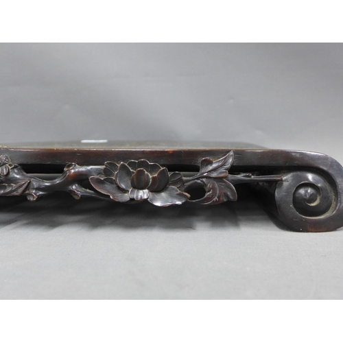 370 - Silver inlaid hardwood stand of scroll form, the top with lotus and cranes, 46 x 30cm