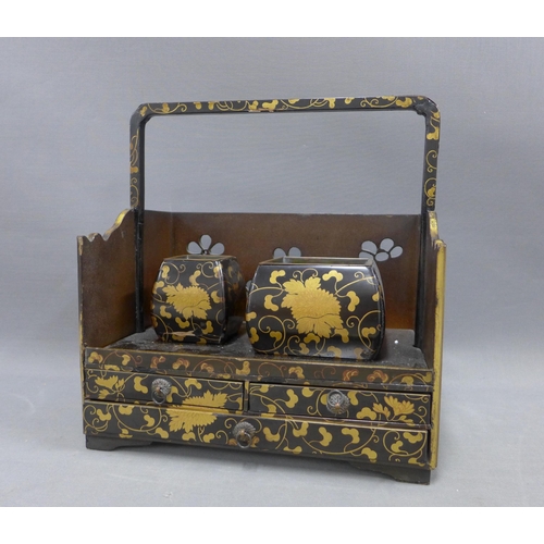 372 - Japanese lacquer and gilded writing set of rectangular form,  with floral pierced sides and two bron... 