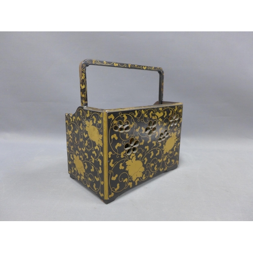 372 - Japanese lacquer and gilded writing set of rectangular form,  with floral pierced sides and two bron... 