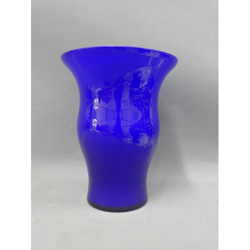 374 - Contemporary blue glass vase with pale blue cased inner, 25cm