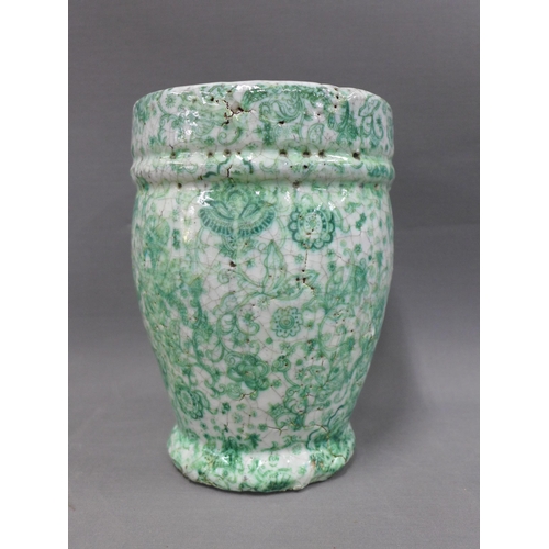 376 - French late 18th / early 19th century apothecary jar with green and white glazed pattern, 19cm