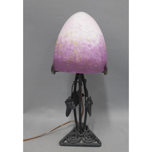 385 - Wrought iron table lamp base with Le Verre Francais domed glass shade, with etched marks, height ove... 