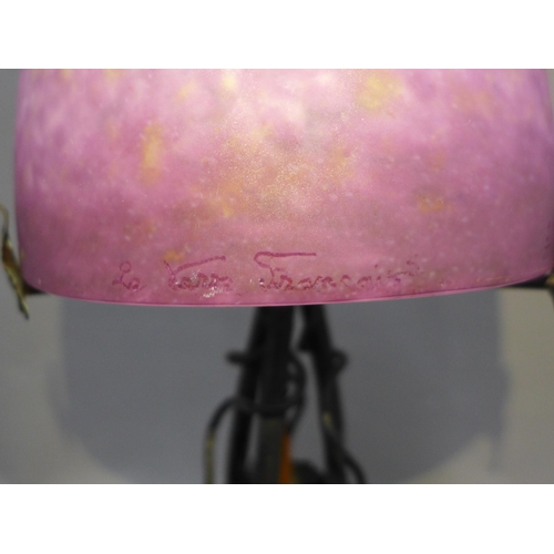 385 - Wrought iron table lamp base with Le Verre Francais domed glass shade, with etched marks, height ove... 