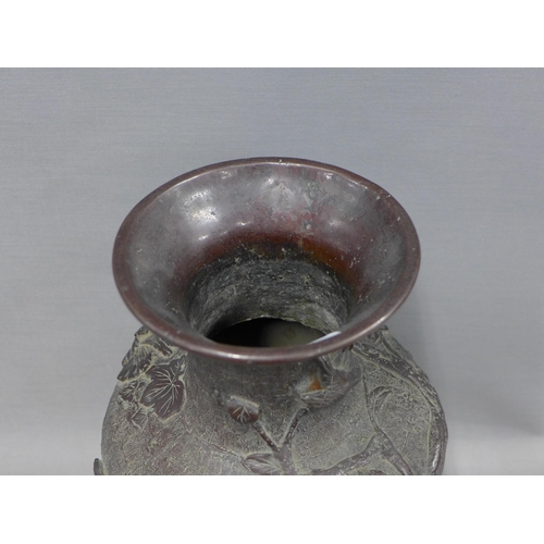 387 - Japanese bronze baluster vase with fruit and foliage, 41cm