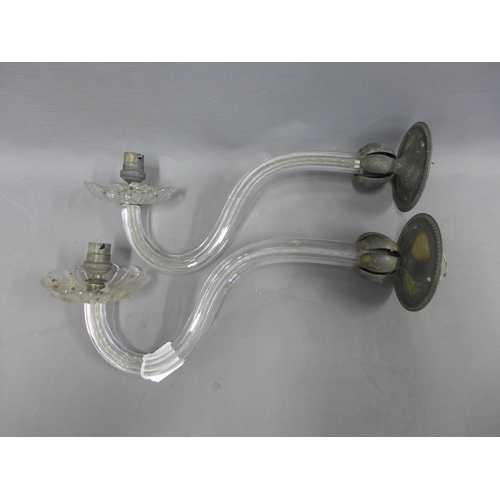 393 - Pair of wall lights with scrolling glass arms and sconce, 42cm long (2)