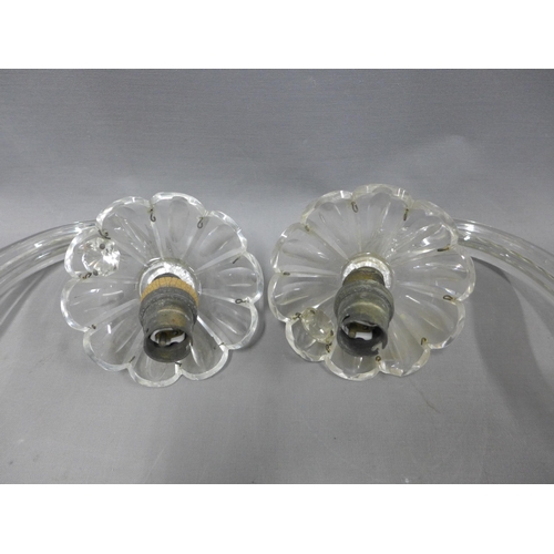 393 - Pair of wall lights with scrolling glass arms and sconce, 42cm long (2)