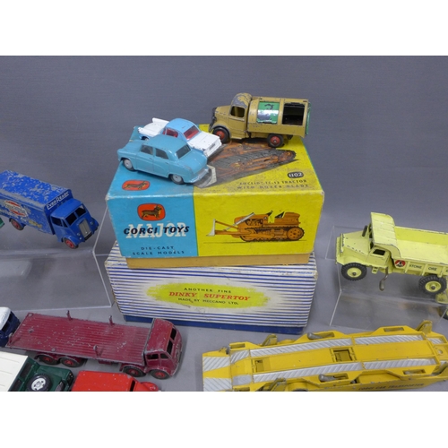 398 - Dinky Supertoys Goods Yard Crane 973, boxed, Corgi Euclid TC.12 Tractor with Dozer Blade, boxed and ... 