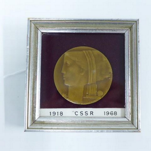 410 - CSSR 1918 - 1968 commemorative bronze medallion, framed