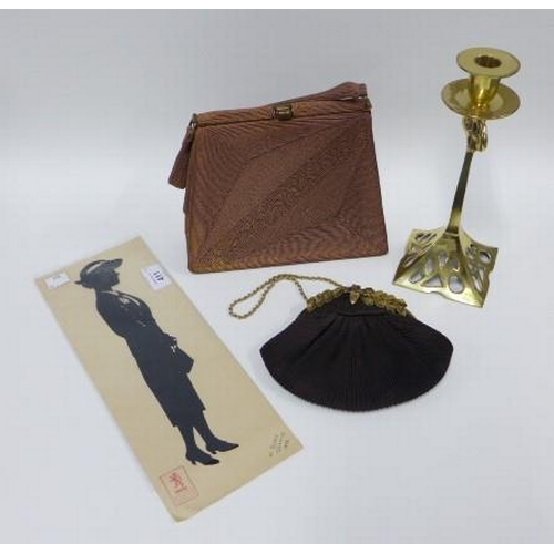 411 - Art Nouveau style brass candlestick, two vintage evening bags and an Empire Exhibition silhouette by... 