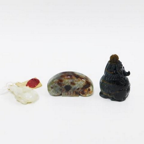 412 - Carved jadeite gourd and another of architectural form and a hardstone snuff bottle and stopper, 6cm