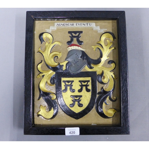 420 - Family crest 'Agnoscar  Eventu', 30 x 36cm