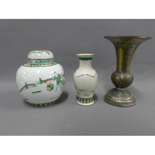 424 - Chinese ginger jar and cover and a Chinese warrior vase together with an Indian metal vase (3)