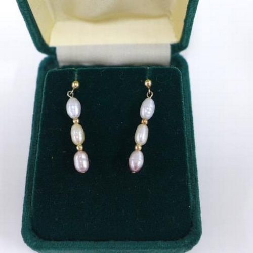 65 - Pair of cultured pearl and yellow metal drop earrings, retailed by Joseph Bonnar of Edinburgh togeth... 