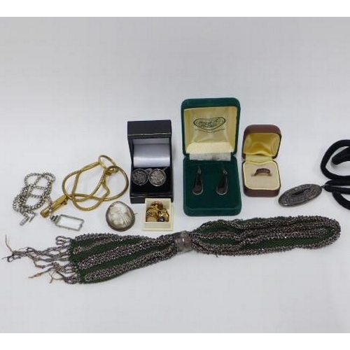 71 - Marcasite purse and a collection of silver and costume jewellery to include studs, cufflinks, neckla... 