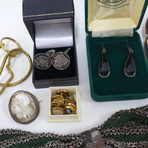 71 - Marcasite purse and a collection of silver and costume jewellery to include studs, cufflinks, neckla... 