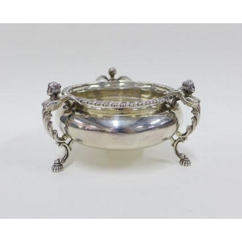 78 - Edwardian silver bowl, gadrooned rim and three caryatid handles with hoof feet, London 1908, 15 x 9c... 