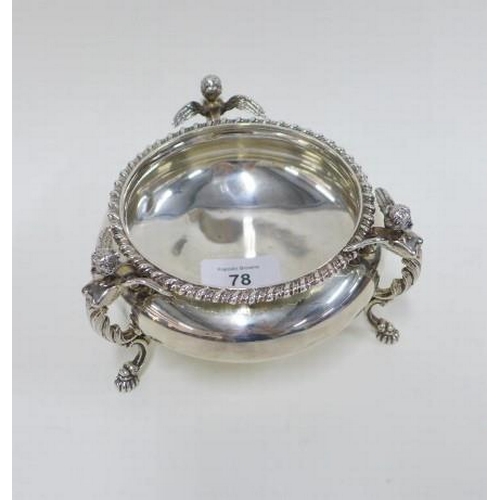 78 - Edwardian silver bowl, gadrooned rim and three caryatid handles with hoof feet, London 1908, 15 x 9c... 