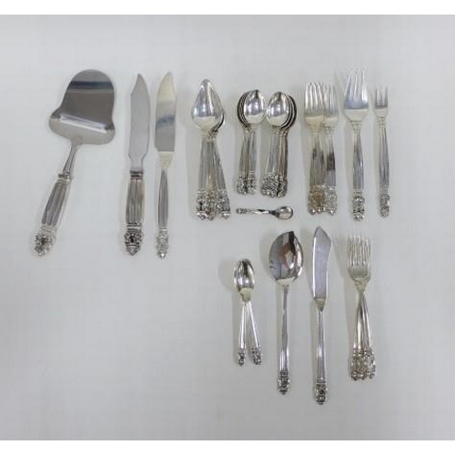 79 - Georg Jensen, Denmark, part suite of acorn pattern sterling silver flatware comprising six grapefrui... 