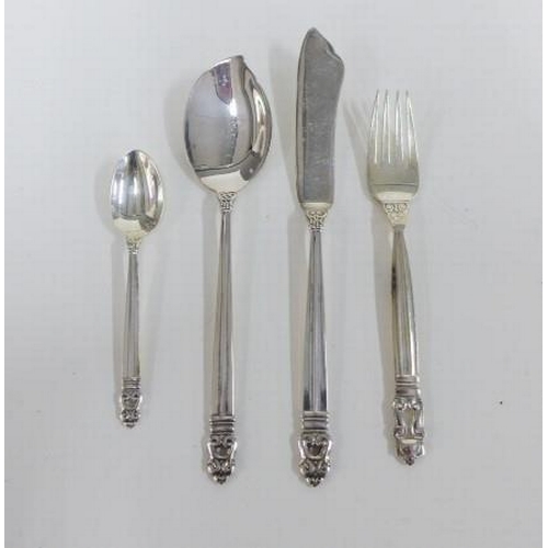 79 - Georg Jensen, Denmark, part suite of acorn pattern sterling silver flatware comprising six grapefrui... 