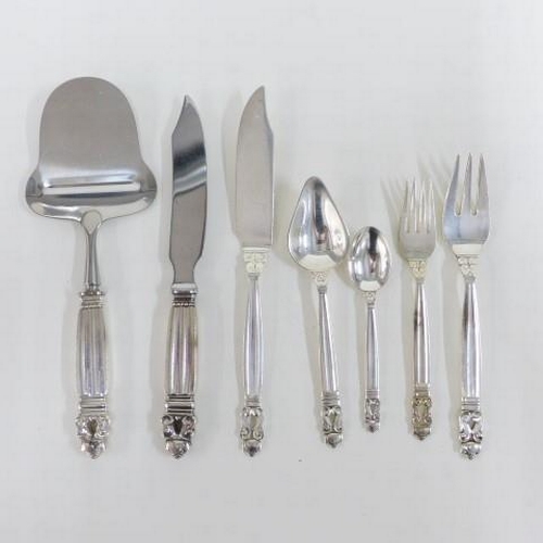 79 - Georg Jensen, Denmark, part suite of acorn pattern sterling silver flatware comprising six grapefrui... 