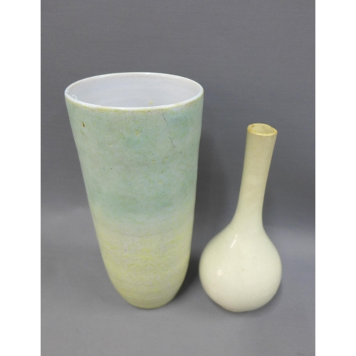 91 - Studio pottery vase and a smaller vase of bottle neck form, (2) 24 x 11cm