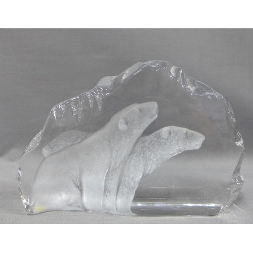 93 - Mats Jonasson for Kosta Boda, glass intaglio sculpture in the form of an iceberg with two seated pol... 