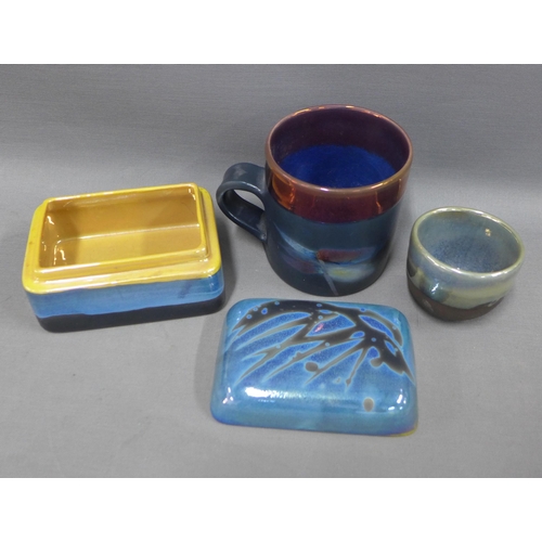 97 - Margery Clinton (1931-2005) pottery to include a mug, box with cover and a small bowl, 12 x 8cm  (3)