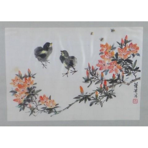 153 - Three Chinese printed fabric panels, framed under glass, size overall 42 x 35cm (3)