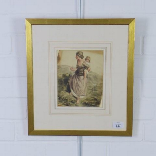 154 - Watercolour of a woman and child, signed D. Cox, framed under glass, 16 x 20cm