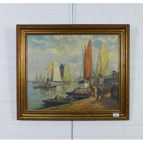 162 - L. Richards, quayside with figures and boats, oil on canvas, signed, framed, 59 x 49cm