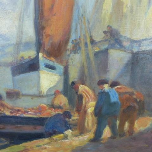 162 - L. Richards, quayside with figures and boats, oil on canvas, signed, framed, 59 x 49cm