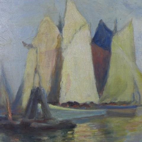 162 - L. Richards, quayside with figures and boats, oil on canvas, signed, framed, 59 x 49cm