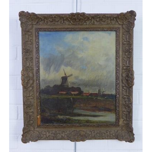 164 - Continental School oil on canvas of a windmill and village, apparently unsigned, in an ornate frame,... 