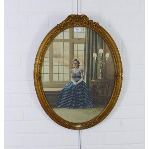 197 - Full length photographic portrait print of a lady, framed under glass within an ornate oval gilt fra... 