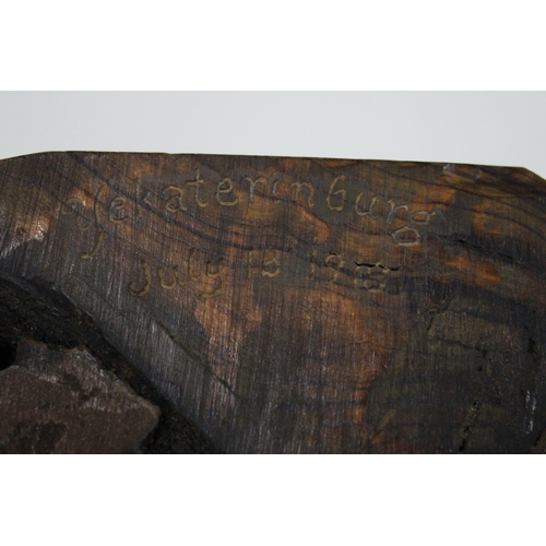 426 - Russian carved wooden 'Jesus' plaque, inscribed verso Yekaterinburg, July 16 1918, 16cm long