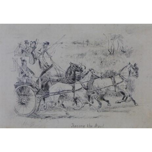 158 - John Leech (1817 - 1864) two ink drawings inscribed 'Racing the Mail' and 'Down the hill on a frosty... 