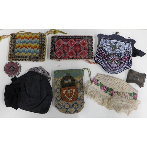 416 - Collection of antique needlework and beadwork bags and purses and Dutch lace and beadwork skull cap ... 