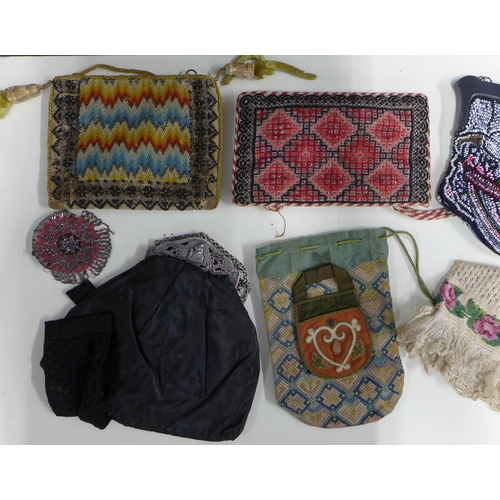 416 - Collection of antique needlework and beadwork bags and purses and Dutch lace and beadwork skull cap ... 