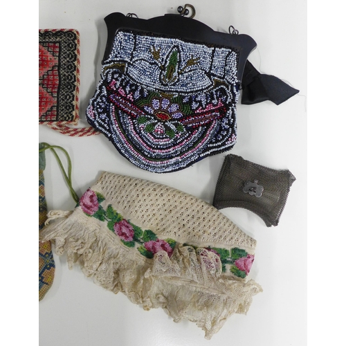 416 - Collection of antique needlework and beadwork bags and purses and Dutch lace and beadwork skull cap ... 