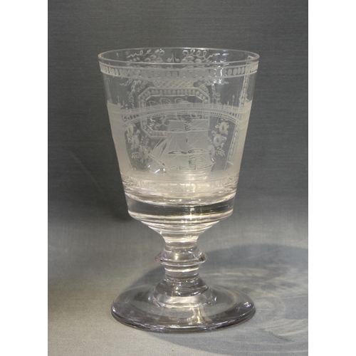 109 - 18th century Sunderland Bridge etched glass rummer with bucket shaped bowl, 15cm