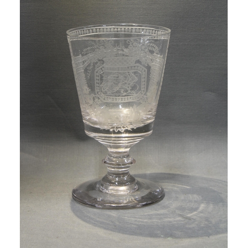 109 - 18th century Sunderland Bridge etched glass rummer with bucket shaped bowl, 15cm