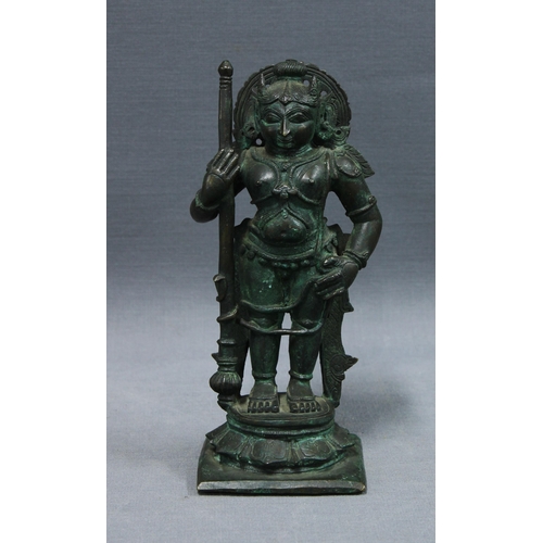 116 - Hindu patinated bronze figure of Krishna, modelled standing on a lotus base, 14.5 x 6cm