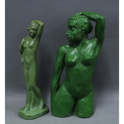 119 - Two female nude figures, one full length pottery model the other in clay, both painted green, 25cm (... 