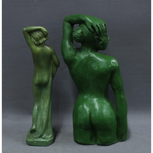 119 - Two female nude figures, one full length pottery model the other in clay, both painted green, 25cm (... 